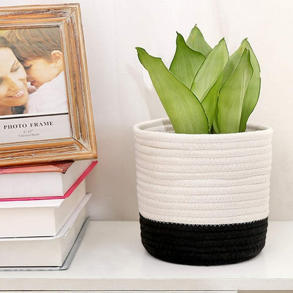 Cotton Rope Woven Plant Basket, Storage Organizer Basket (H 6.75" x W 6.5")